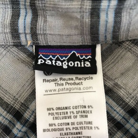 Patagonia Womans Sz 14 Gray & Blue Plaid Button Up Shirt - Picture 3 of 6